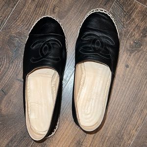 gently loved AUTHENTIC CHANEL black on black lambskin espadrilles. size 38/8.